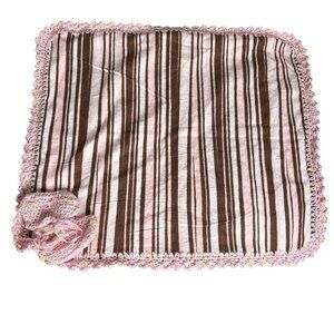 Handmade Baby Receiving Blanket Booties Set Striped Brown Pink Crochet Border